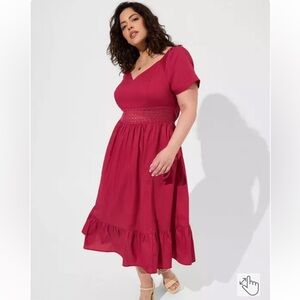 Torrid Midi Poplin Sheer Waist Dress Cherries Jubilee Pink Valentines Day